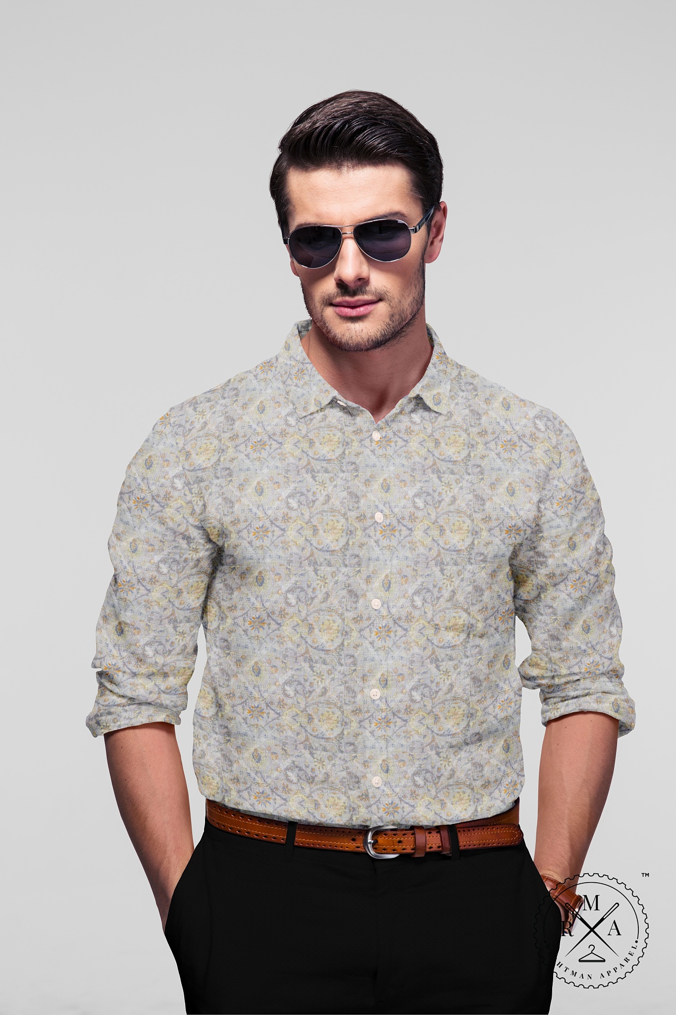 Gray Beige Digital Print Linen Shirt SH319